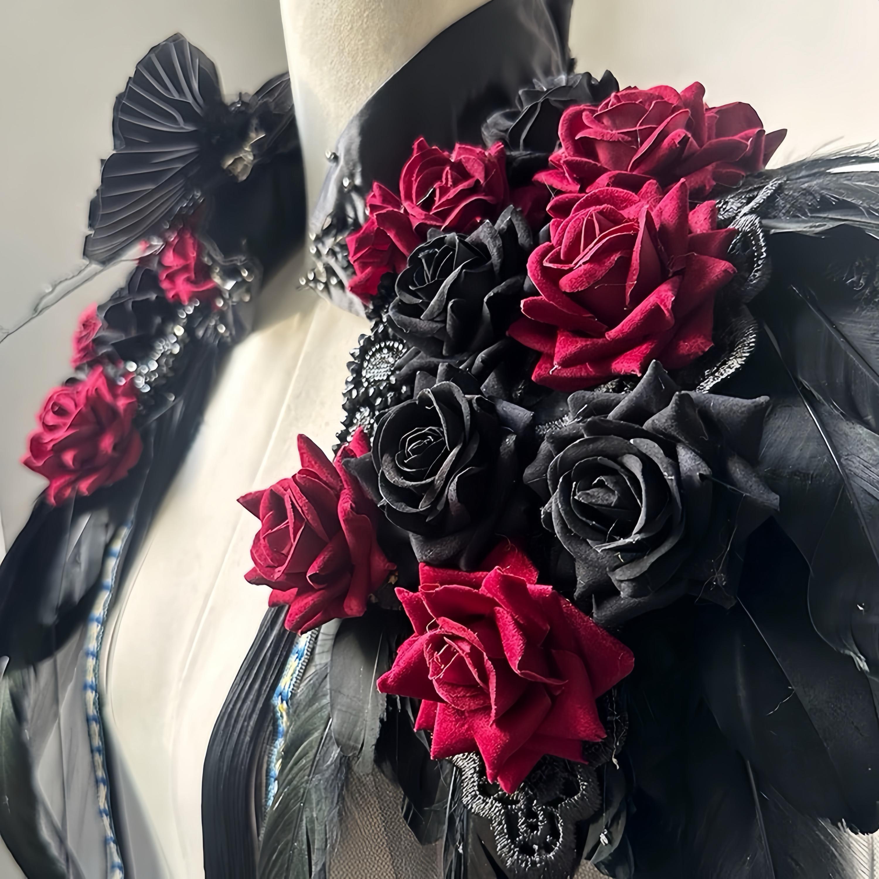 Black Feather Cape with Red Roses: Gothic Pagan Ritual, Halloween Costume