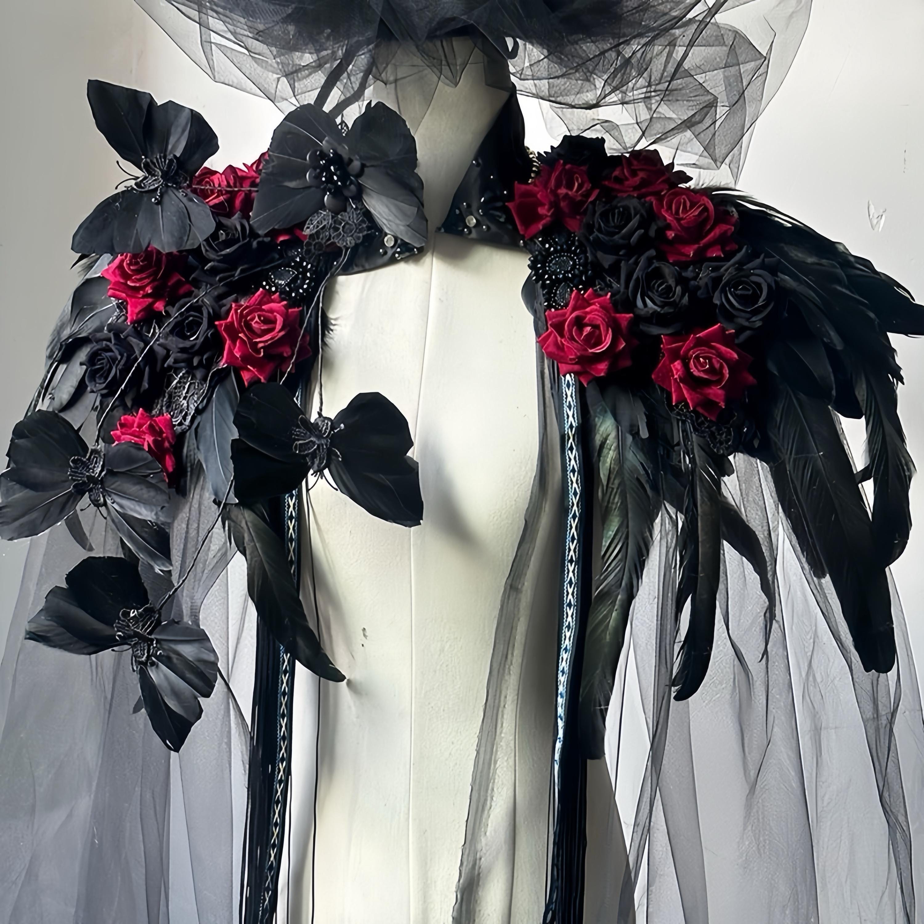 Black Feather Cape with Red Roses: Gothic Pagan Ritual, Halloween Costume