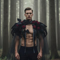 Black Feather Cape with Red Roses: Gothic Pagan Ritual, Halloween Costume