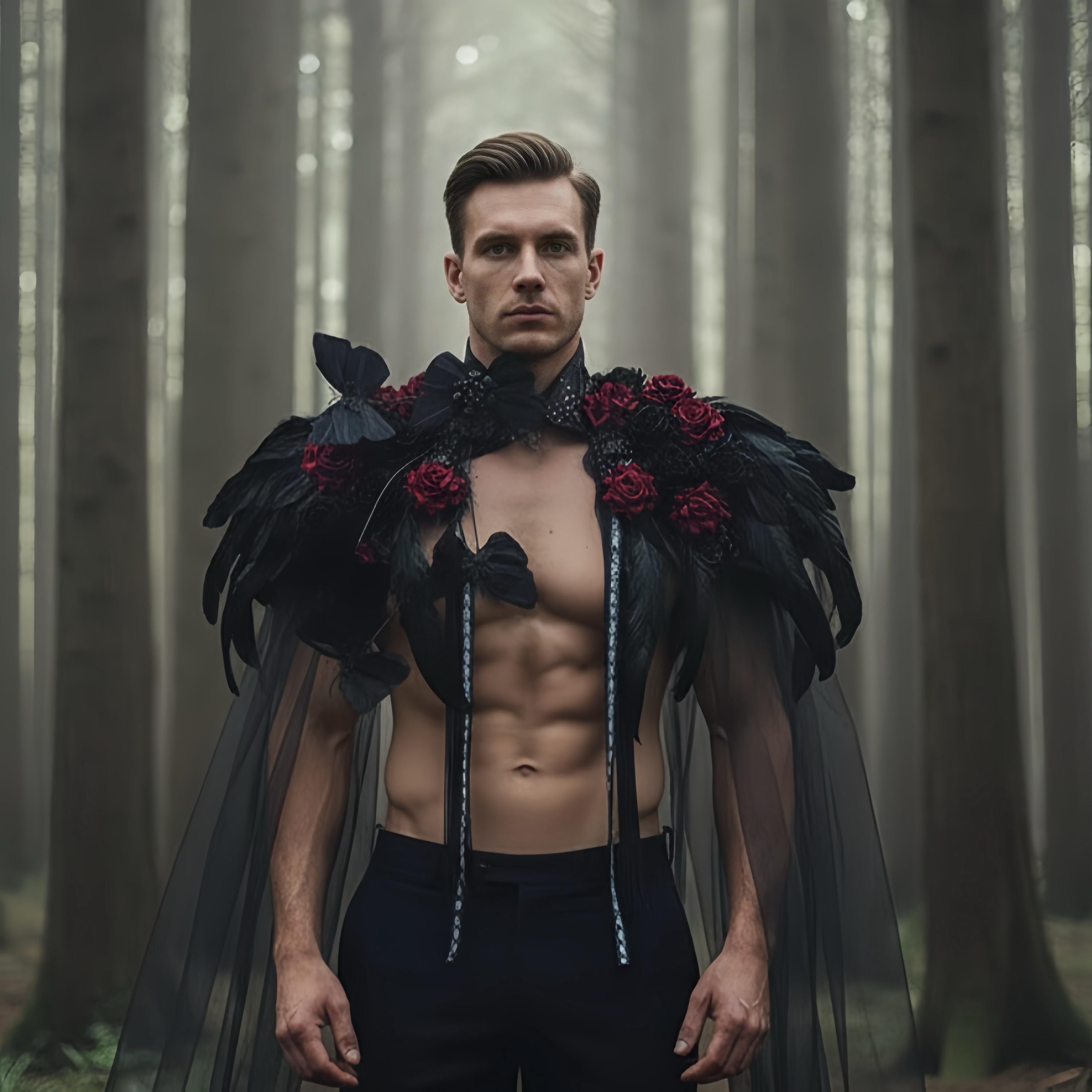 Black Feather Cape with Red Roses: Gothic Pagan Ritual, Halloween Costume