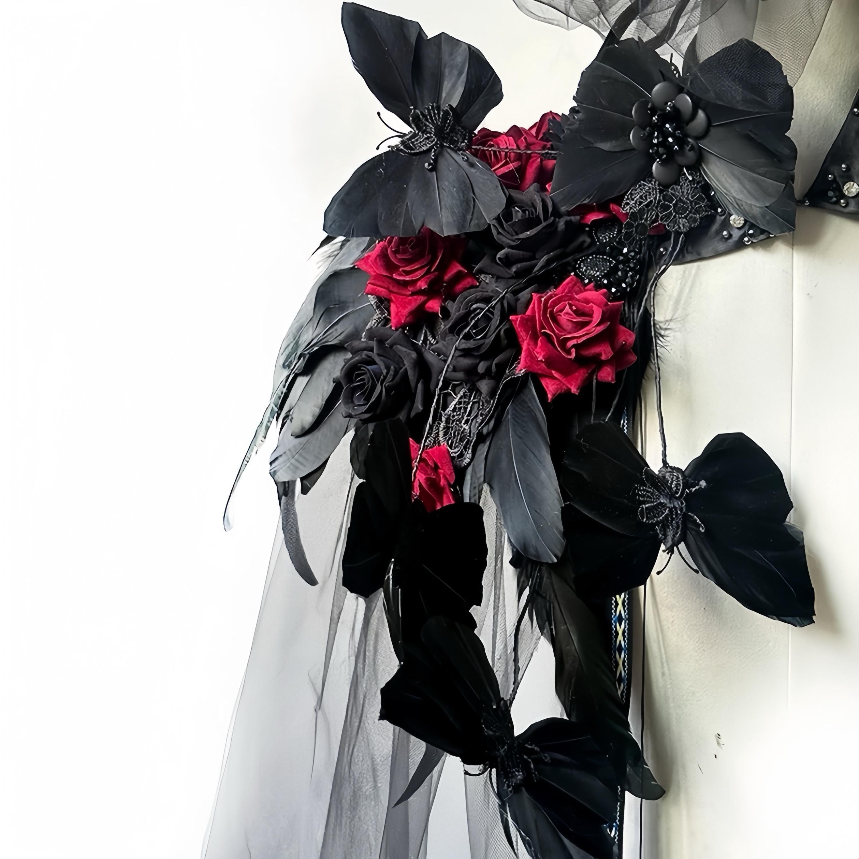 Black Feather Cape with Red Roses: Gothic Pagan Ritual, Halloween Costume