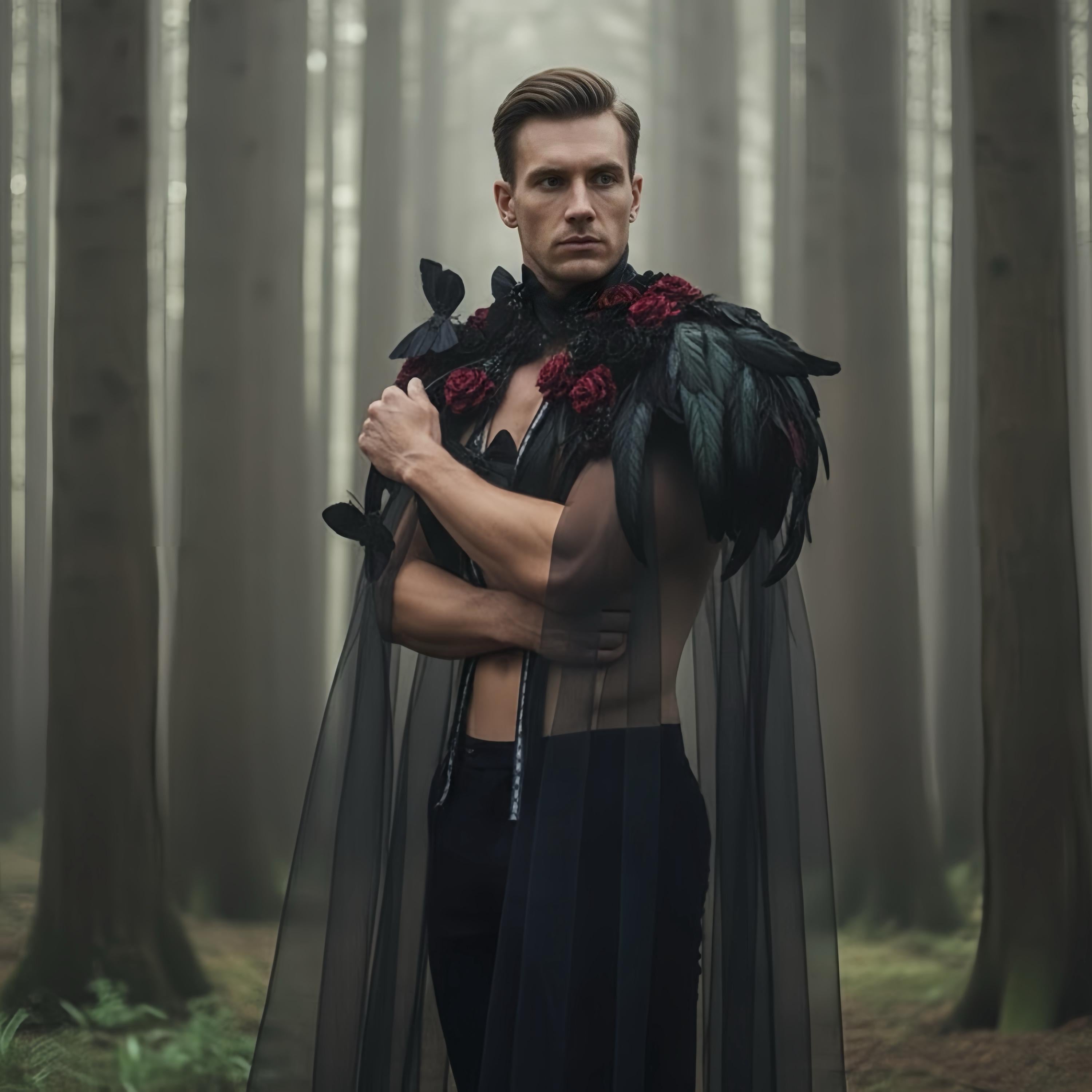 Black Feather Cape with Red Roses: Gothic Pagan Ritual, Halloween Costume