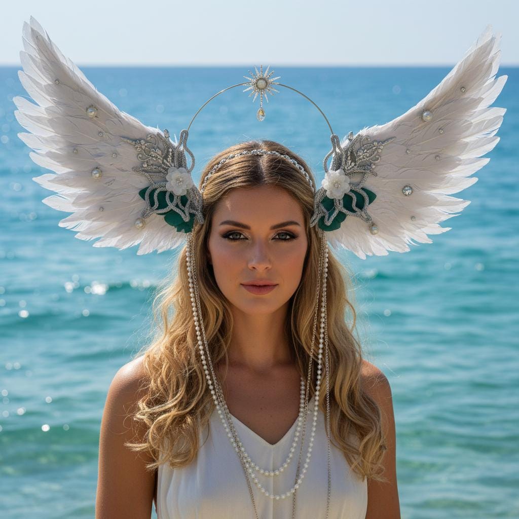 Silver Angel Wings Halo Headdress: Celestial Feather Headpiece with Pearls, Virgin Mary Inspired Halo Crown