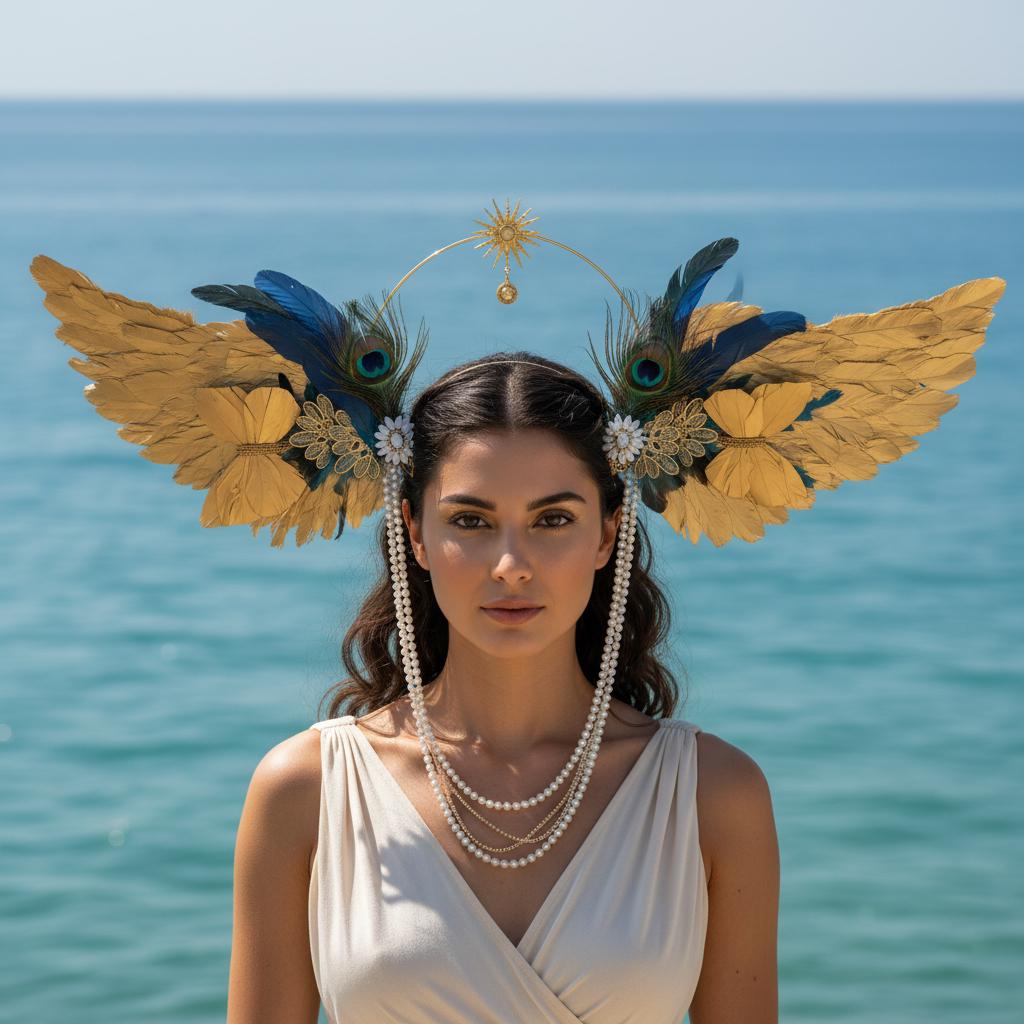 Gold Angel Wings Halo Headdress: Celestial Feather Headpiece with Pearls, Virgin Mary Inspired Halo Crown