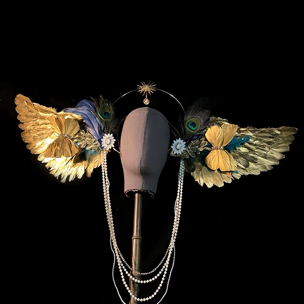 Gold Angel Wings Halo Headdress: Celestial Feather Headpiece with Pearls, Virgin Mary Inspired Halo Crown