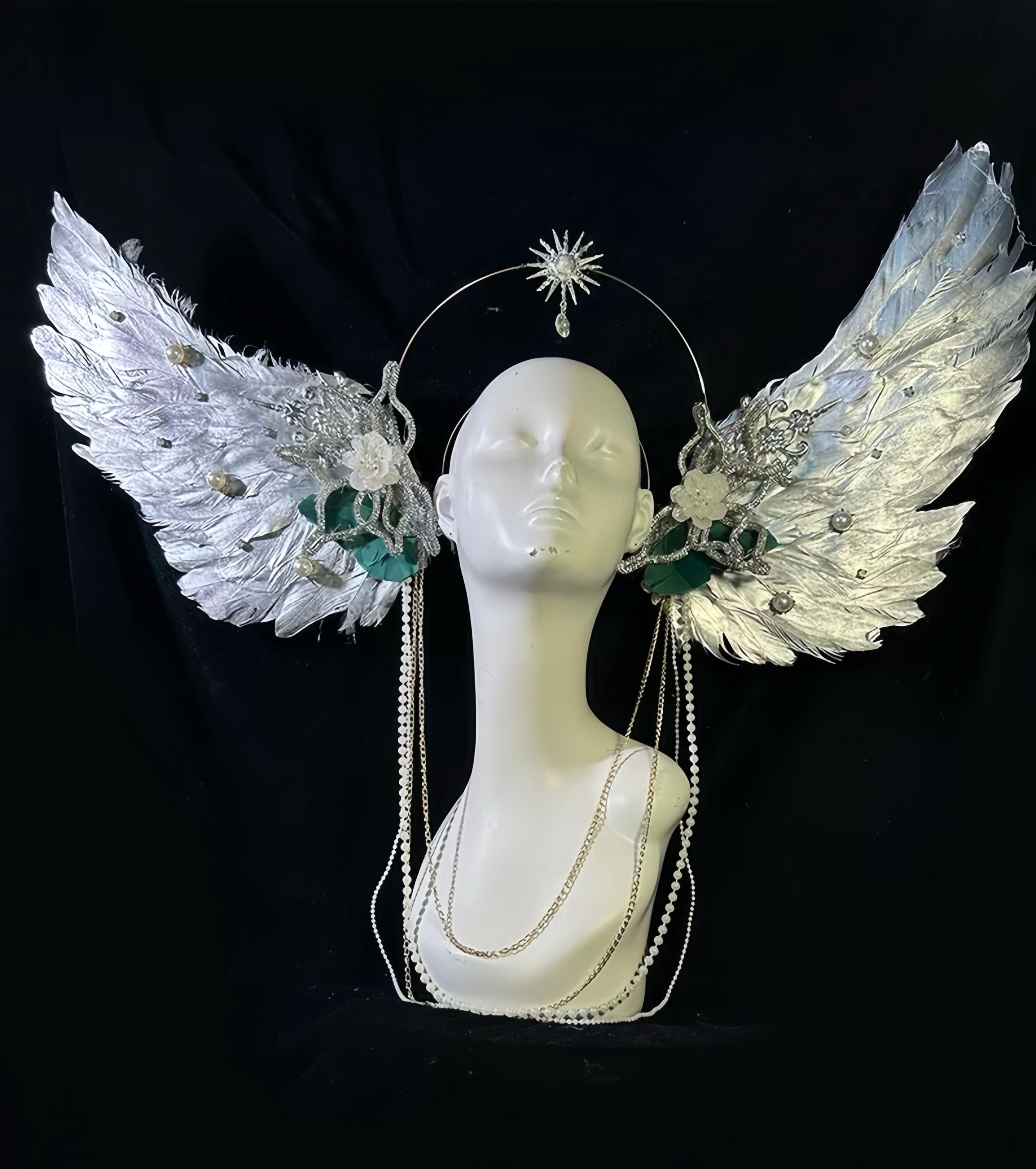 Silver Angel Wings Halo Headdress: Celestial Feather Headpiece with Pearls, Virgin Mary Inspired Halo Crown