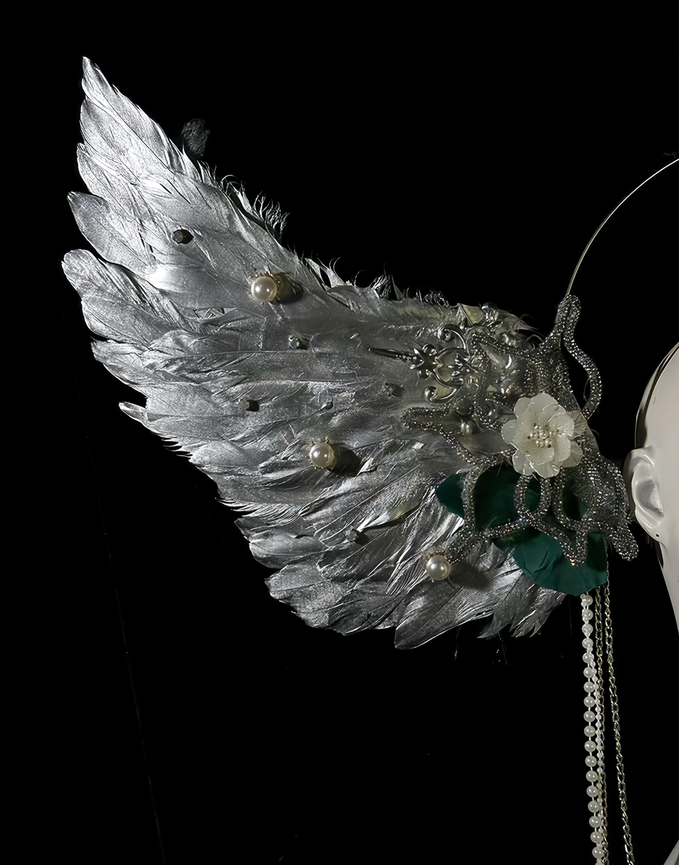 Silver Angel Wings Halo Headdress: Celestial Feather Headpiece with Pearls, Virgin Mary Inspired Halo Crown