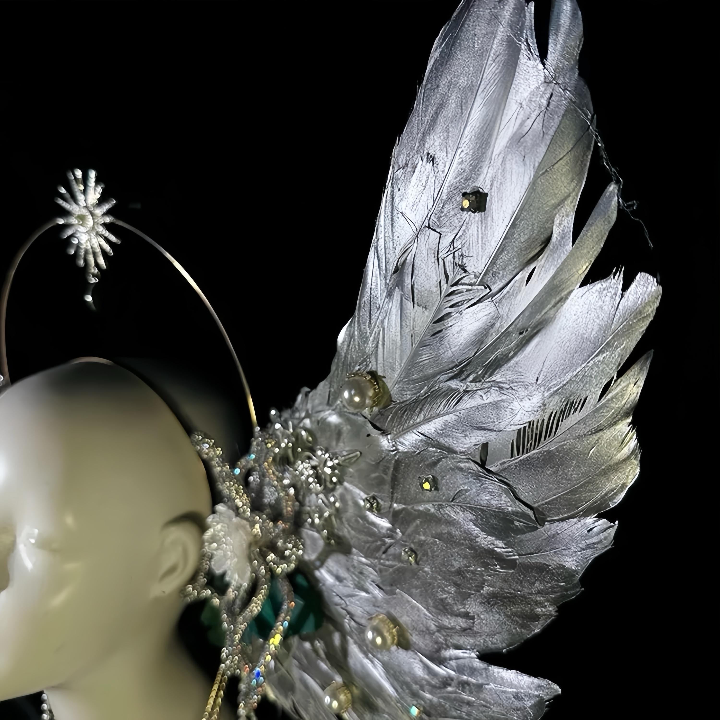 Silver Angel Wings Halo Headdress: Celestial Feather Headpiece with Pearls, Virgin Mary Inspired Halo Crown
