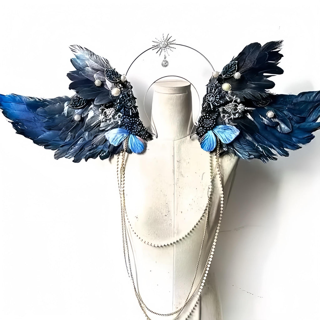 Gold Angel Wings Halo Headdress: Celestial Feather Headpiece with Pearls, Virgin Mary Inspired Halo Crown