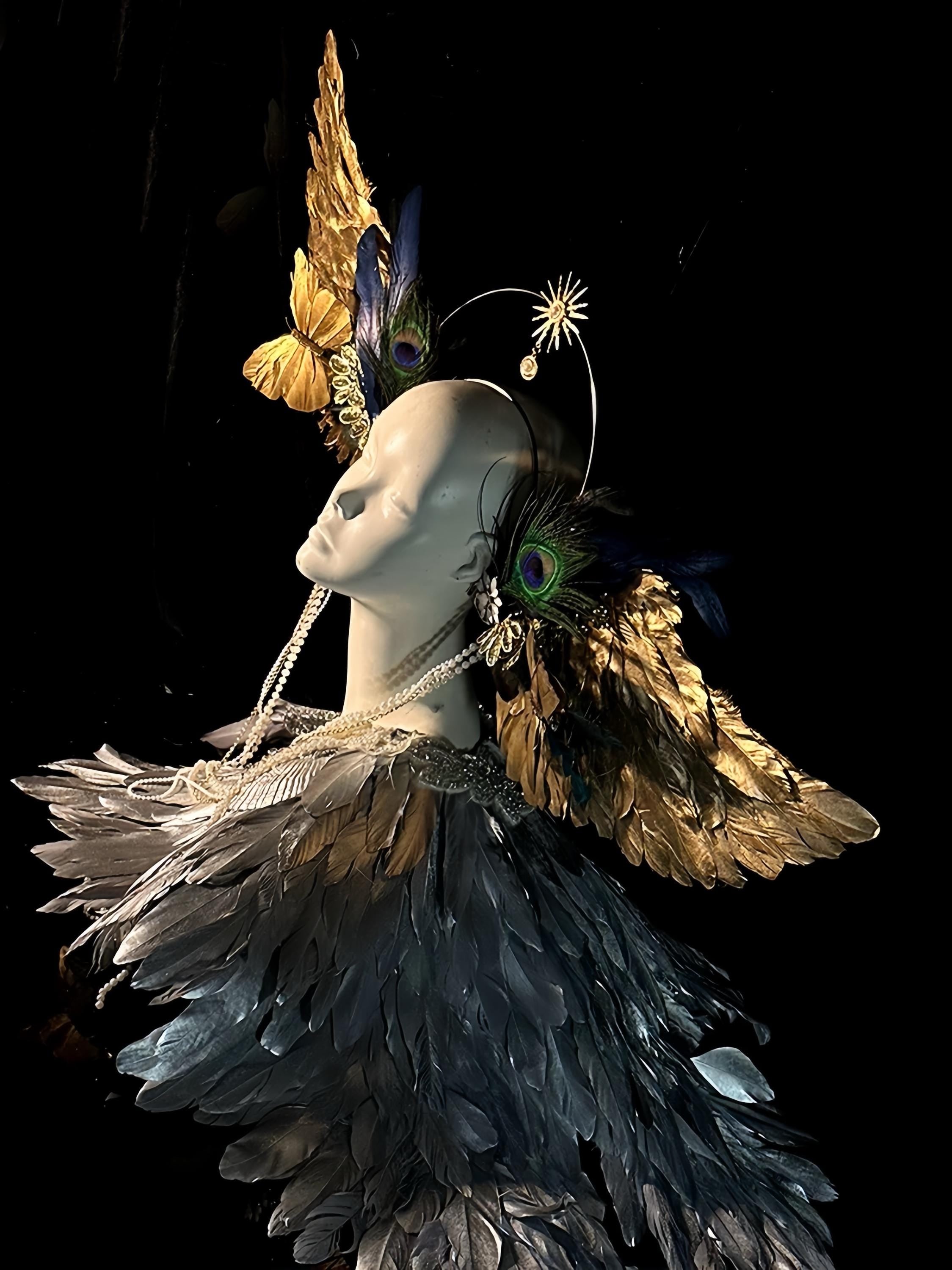 Gold Angel Wings Halo Headdress: Celestial Feather Headpiece with Pearls, Virgin Mary Inspired Halo Crown
