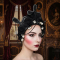 Gothic Lolita Baroque Tiara Headpiece, Black Floral Crown with Cross Detail, Handmade Pearl Beaded Headdress, Dark Fantasy Cosplay