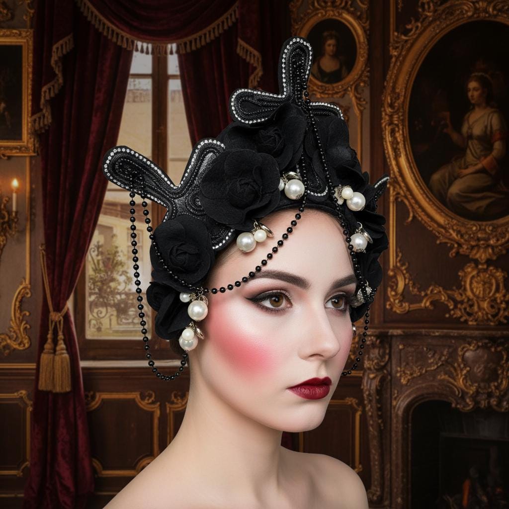 Gothic Lolita Baroque Tiara Headpiece, Black Floral Crown with Cross Detail, Handmade Pearl Beaded Headdress, Dark Fantasy Cosplay