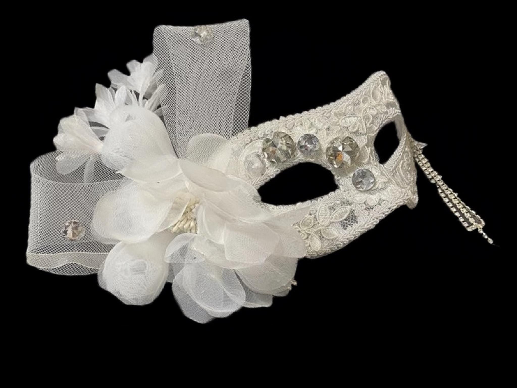 White Veil Masquerade Mask with Pearls, Vintage Bridal Opera Costume Accessory