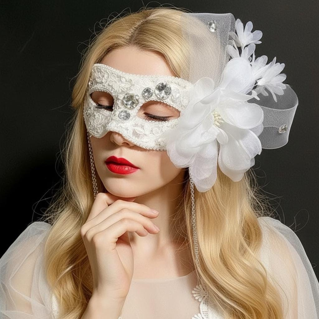 White Veil Masquerade Mask with Pearls, Vintage Bridal Opera Costume Accessory