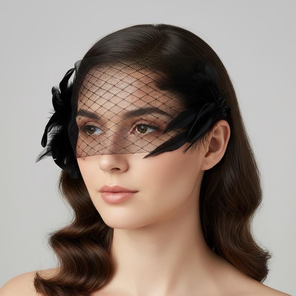 Black Feather Birdcage Eye Veil, Vintage Gothic Face Veil for Weddings Events