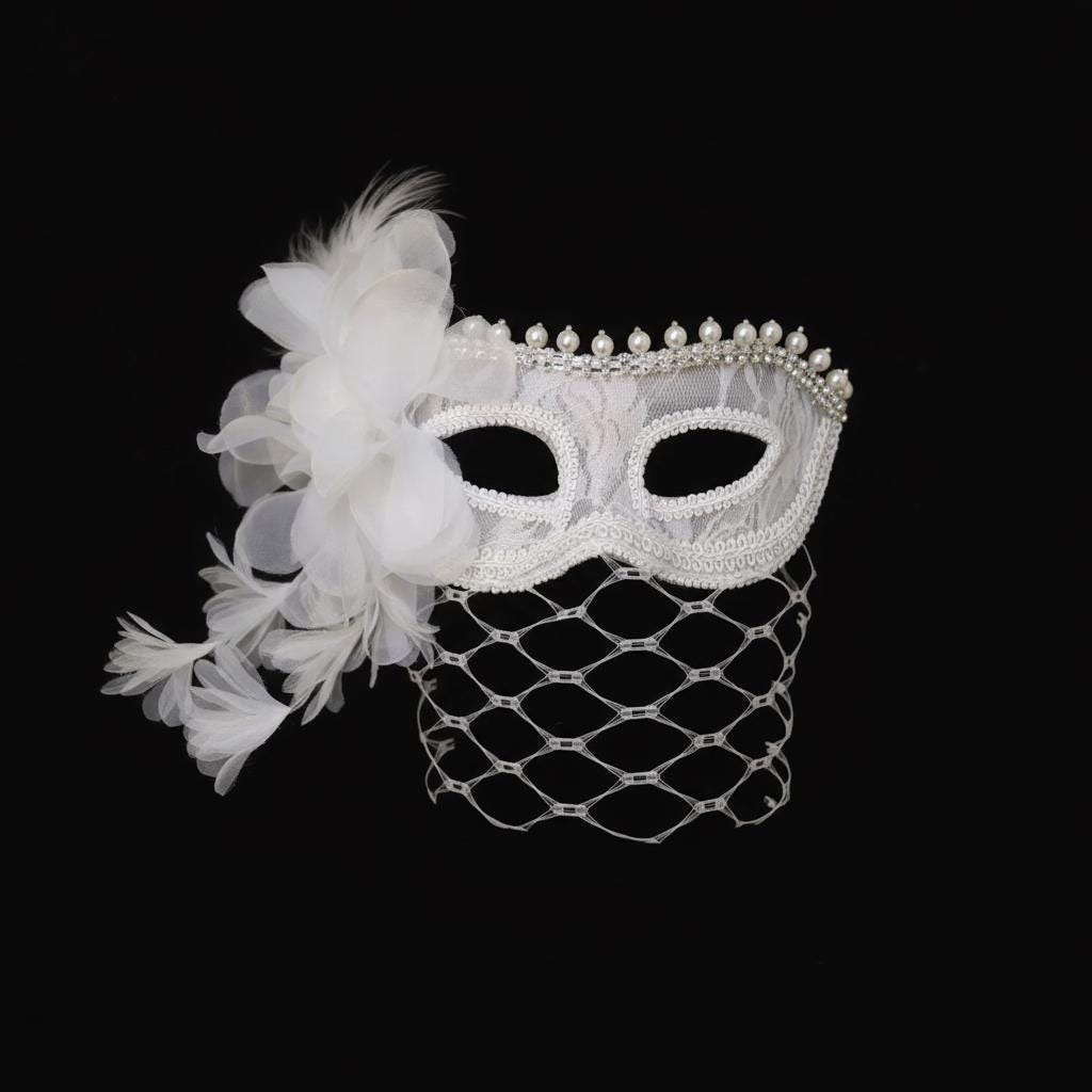 White Veil Masquerade Mask with Pearls, Vintage Bridal Opera Costume Accessory