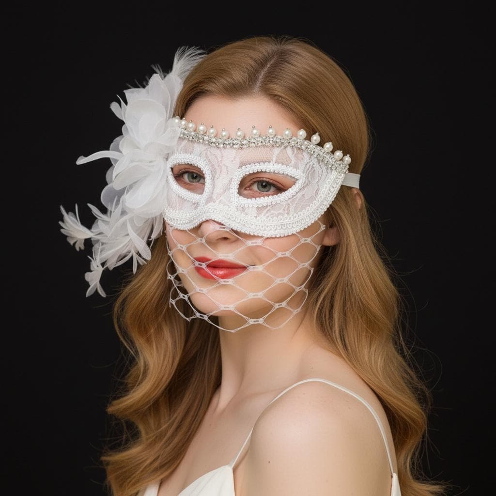 White Veil Masquerade Mask with Pearls, Vintage Bridal Opera Costume Accessory