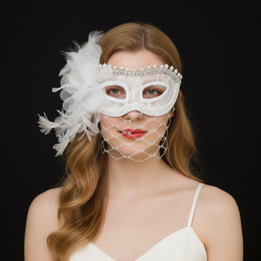 White Veil Masquerade Mask with Pearls, Vintage Bridal Opera Costume Accessory