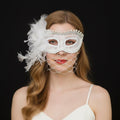 White Veil Masquerade Mask with Pearls, Vintage Bridal Opera Costume Accessory