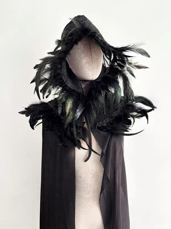 Black Feather Hooded Cloak Gothic Witch Cape Handmade Fantasy Costume Cosplay Statement Piece