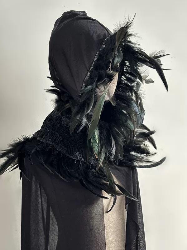 Black Feather Hooded Cloak Gothic Witch Cape Handmade Fantasy Costume Cosplay Statement Piece