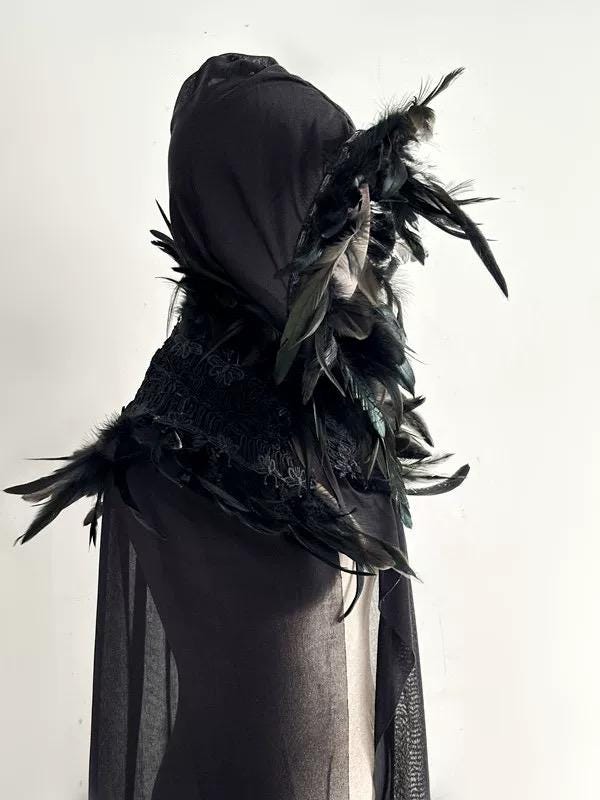 Black Feather Hooded Cloak Gothic Witch Cape Handmade Fantasy Costume Cosplay Statement Piece