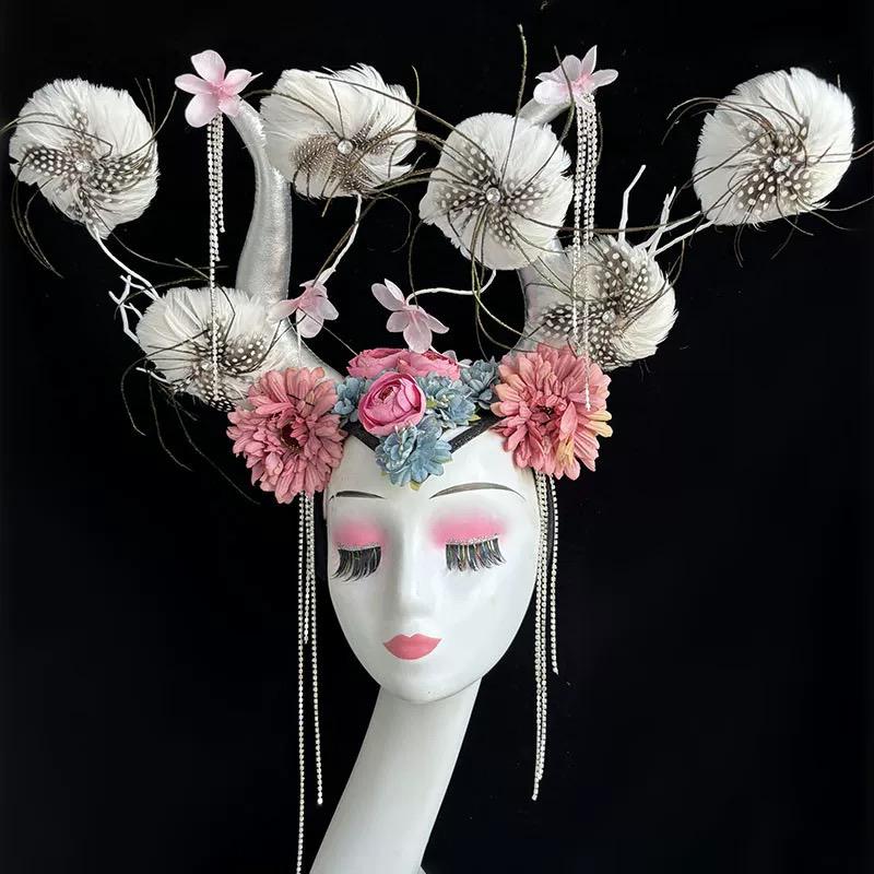 Handmade Avant-Garde Floral Antler Headpiece, Ethereal Deer Horn Crown for Couture Photography