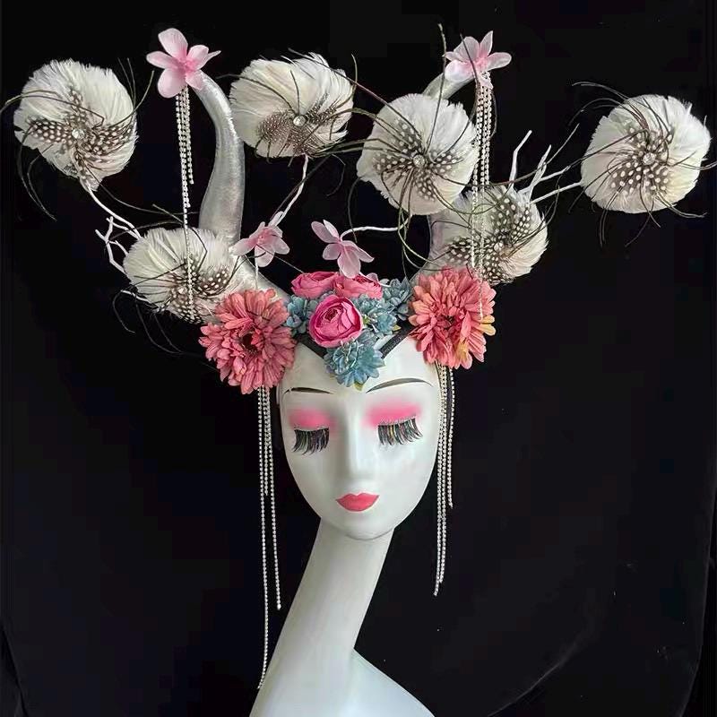 Handmade Avant-Garde Floral Antler Headpiece, Ethereal Deer Horn Crown for Couture Photography