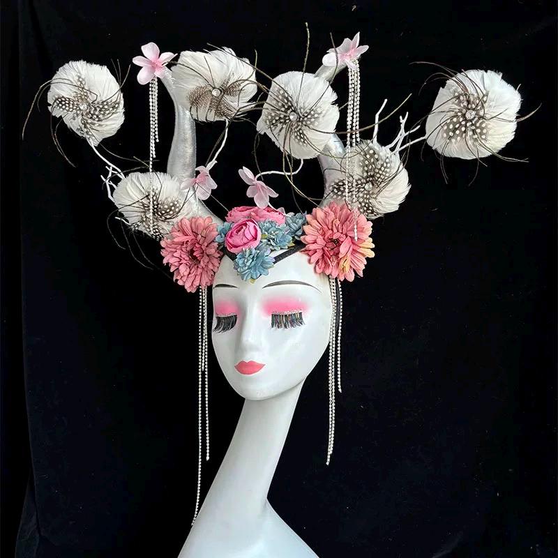 Handmade Avant-Garde Floral Antler Headpiece, Ethereal Deer Horn Crown for Couture Photography