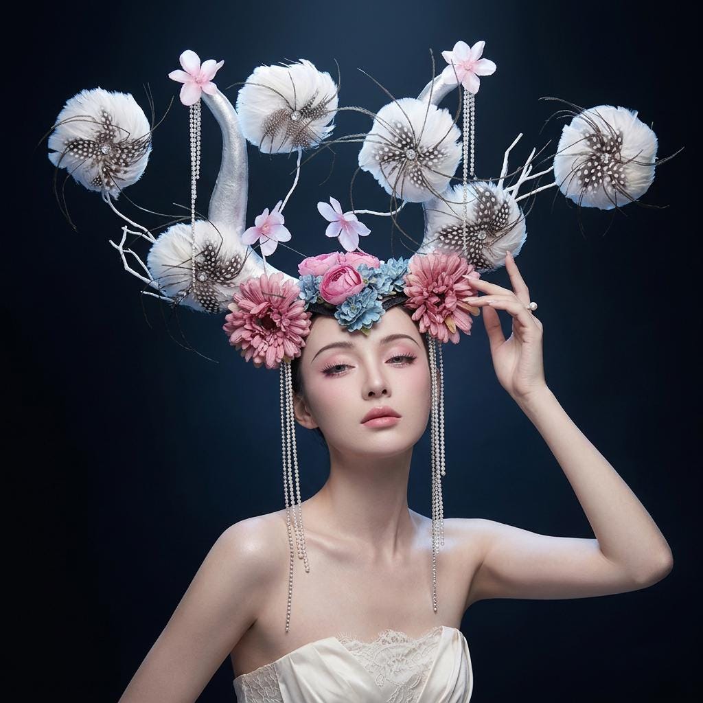 Handmade Avant-Garde Floral Antler Headpiece, Ethereal Deer Horn Crown for Couture Photography