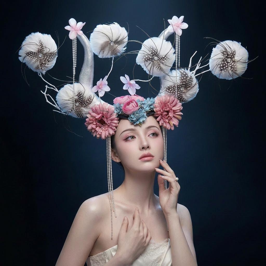 Handmade Avant-Garde Floral Antler Headpiece, Ethereal Deer Horn Crown for Couture Photography