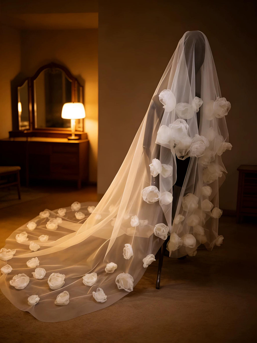 Long Floral Bridal Veil, 3D Flower Tulle Cathedral Train, Dramatic Wedding Headpiece