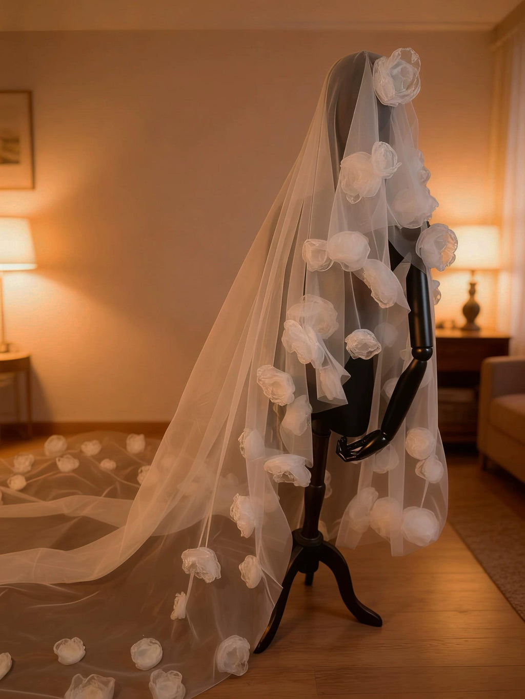 Long Floral Bridal Veil, 3D Flower Tulle Cathedral Train, Dramatic Wedding Headpiece