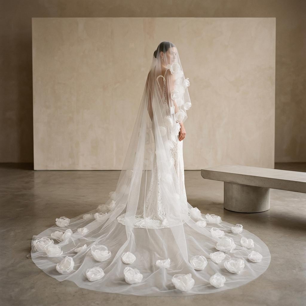 Long Floral Bridal Veil, 3D Flower Tulle Cathedral Train, Dramatic Wedding Headpiece