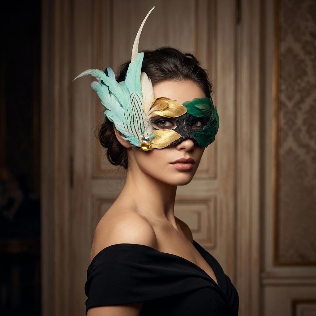 Green and Gold Feather Masquerade Mask, Luxury Venetian Lace Eye Mask for Prom Party