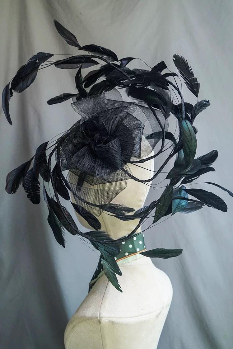 Black Feather Fascinator Sculptural Headpiece Statement Hat Wedding Ascot Derby Elegant Gothic