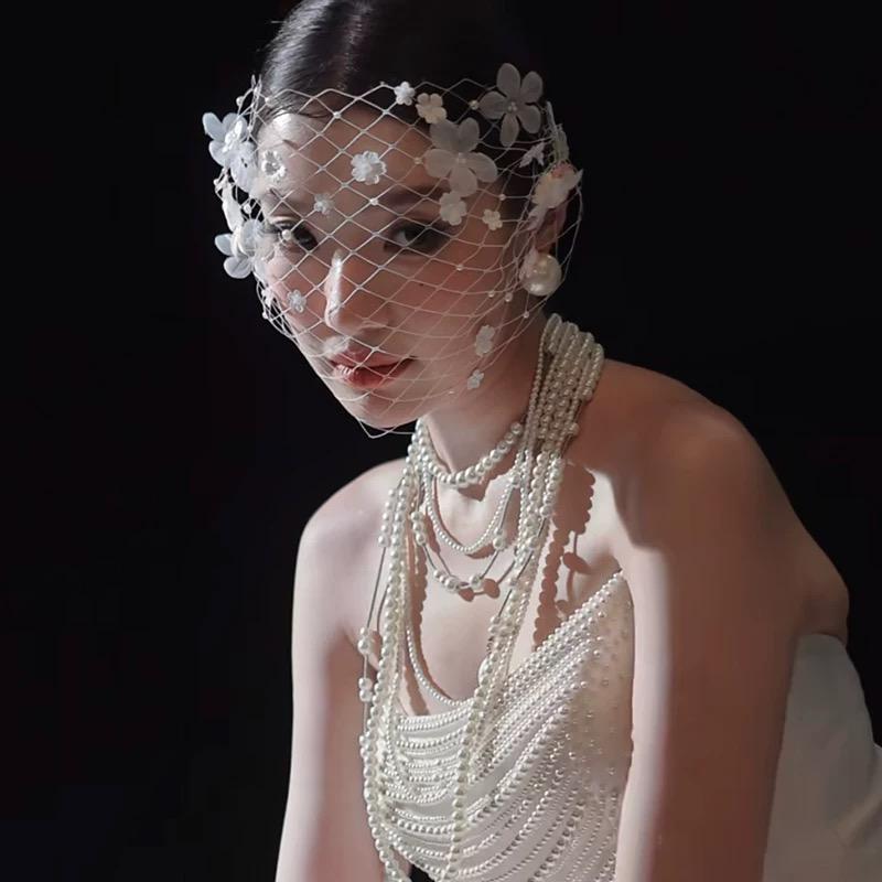 Floral Birdcage Veil White Wedding Mesh Oversized Face Mask Bridal Headpiece