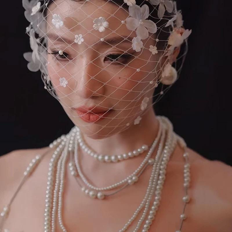 Floral Birdcage Veil White Wedding Mesh Oversized Face Mask Bridal Headpiece