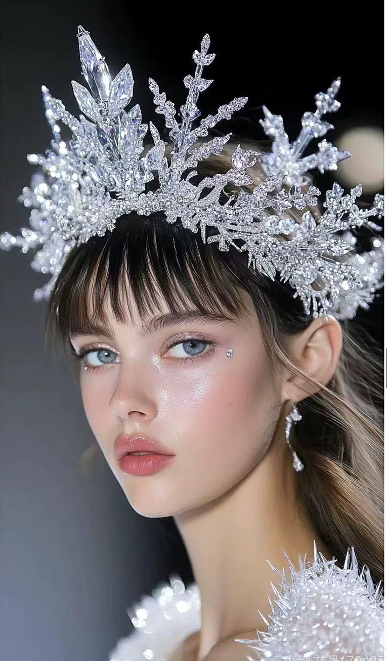 Ice Crystal Winter Queen Crown, Elaborate Snowflower Headpiece for Bridal Gala