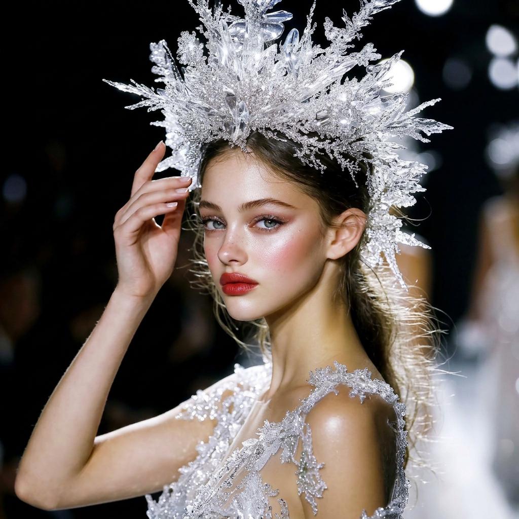 Ice Crystal Winter Queen Crown, Elaborate Snowflower Headpiece for Bridal Gala