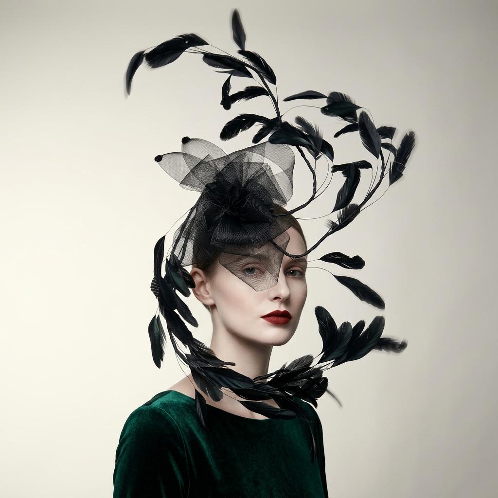 Black Feather Fascinator Sculptural Headpiece Statement Hat Wedding Ascot Derby Elegant Gothic