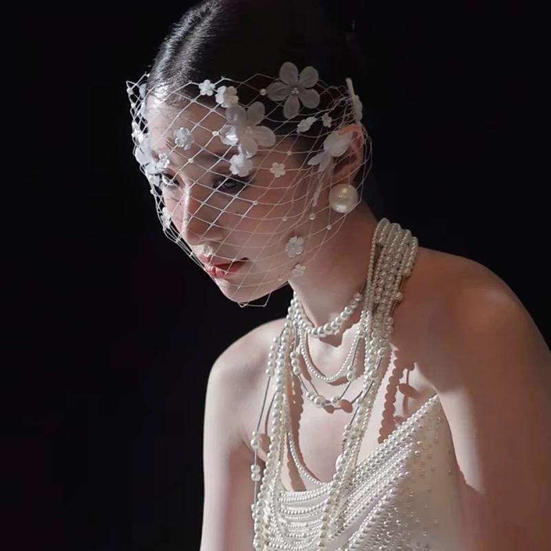 Floral Birdcage Veil White Wedding Mesh Oversized Face Mask Bridal Headpiece