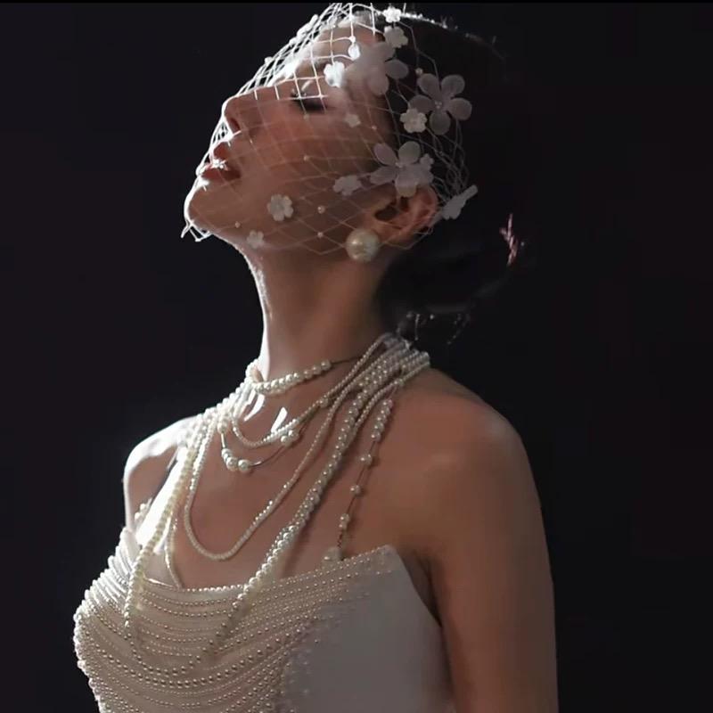 Floral Birdcage Veil White Wedding Mesh Oversized Face Mask Bridal Headpiece