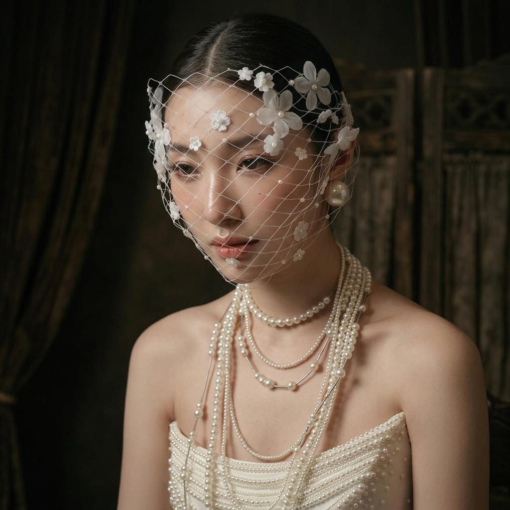 Floral Birdcage Veil White Wedding Mesh Oversized Face Mask Bridal Headpiece