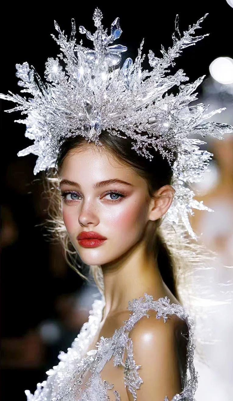 Ice Crystal Winter Queen Crown, Elaborate Snowflower Headpiece for Bridal Gala