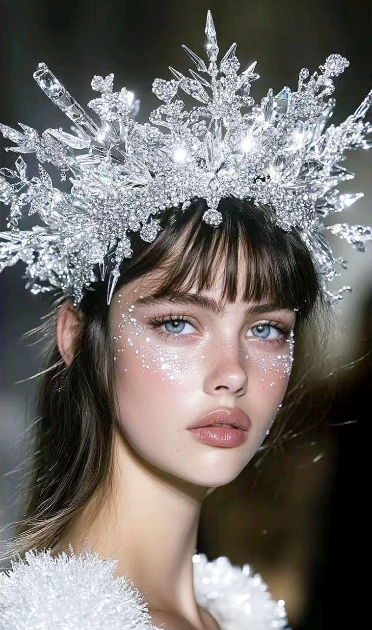 Ice Crystal Winter Queen Crown, Elaborate Snowflower Headpiece for Bridal Gala