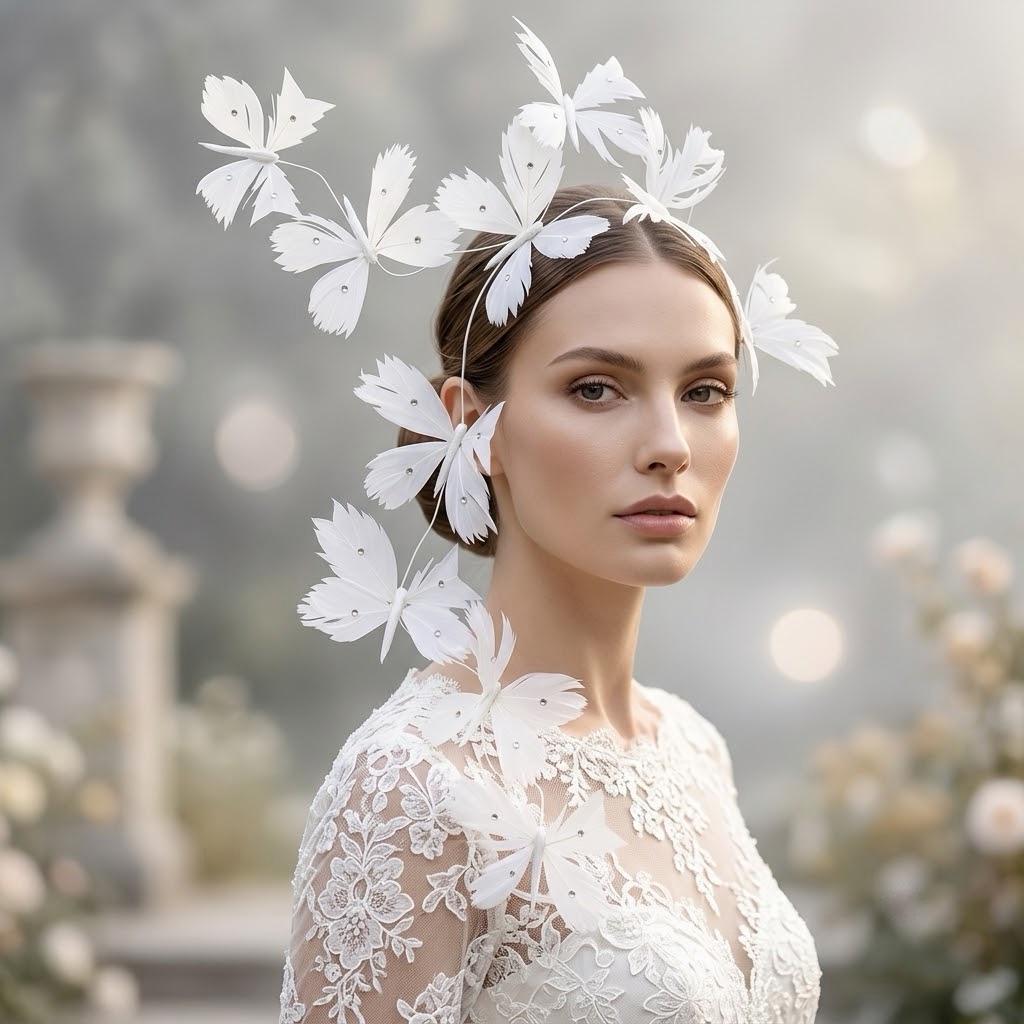 White Feather Butterfly Fascinator Hat Royal Ascot Wedding Garden Party Headpiece